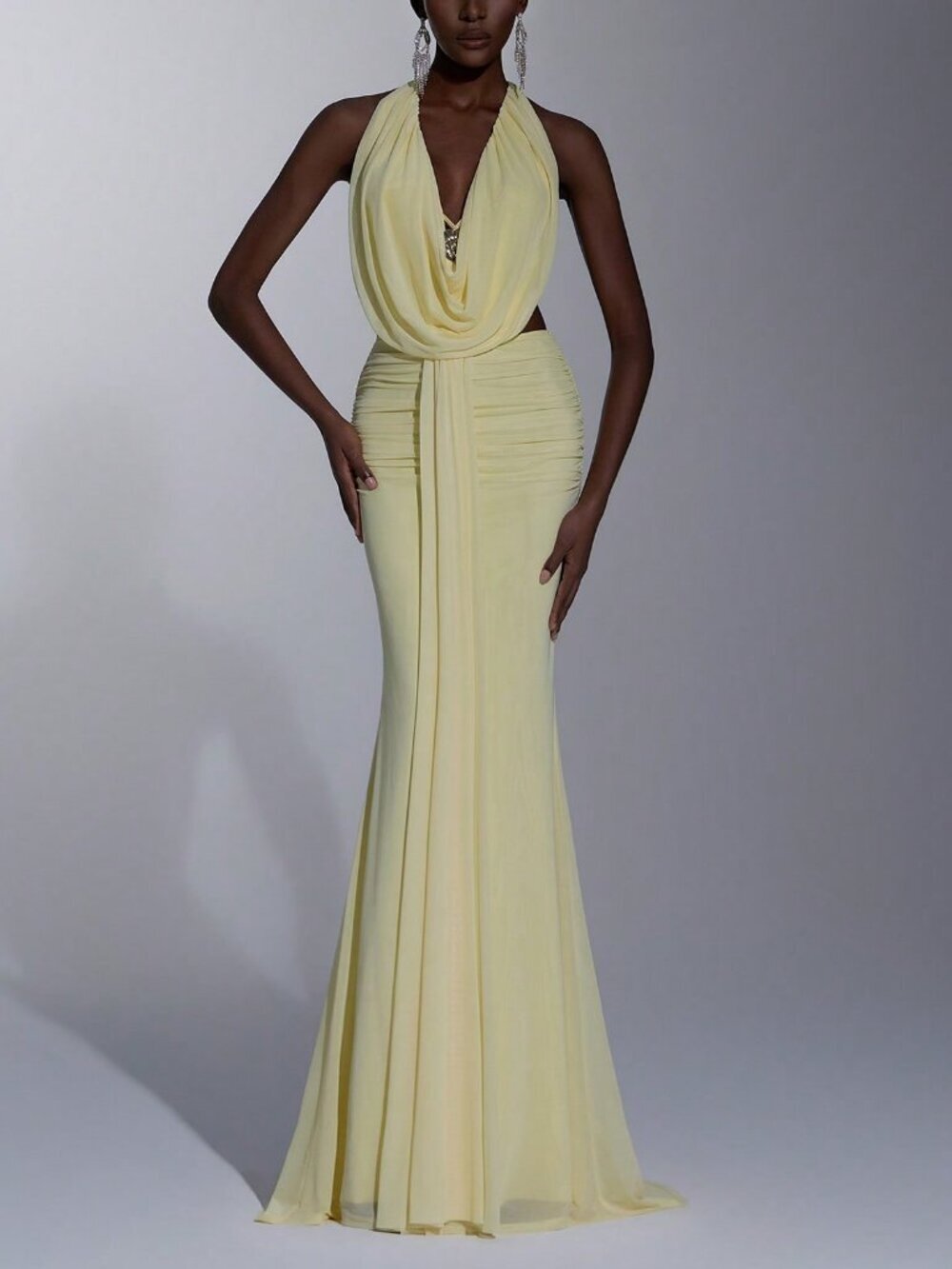 Yellow Women's Elegant Mesh Draped Halter Neck Fish Tail Backless Dress